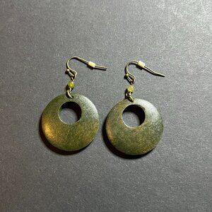 Boho Chic Dark Green Wooden Round Hollow Circle Dangle Drop Earrings 1 1/8"
